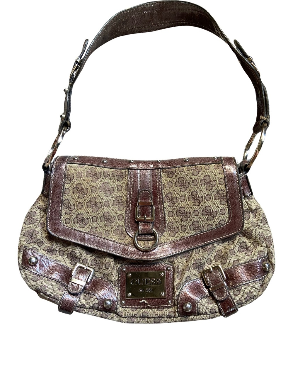 Vintage Y2K GUESS Brown Monogram Shoulder Bag with Metallic Trim